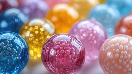 Vibrant assortment of colorful glass beads arranged on a clean white background showcasing their unique textures and shine.