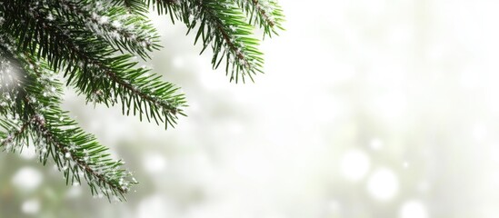 Obraz premium Fir tree branch detail with blurred background and soft light creating an abstract seasonal backdrop for copy space and holiday themes