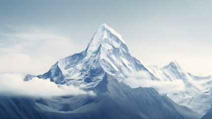 Obraz premium Majestic Himalayan peak under a serene white sky showcasing nature's beauty and tranquility with rugged terrain and soft clouds.