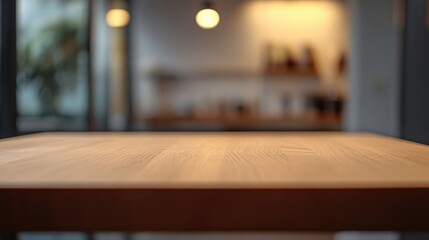 Wooden table surface in focus with softly blurred modern restaurant interior and warm lighting creating a cozy atmosphere