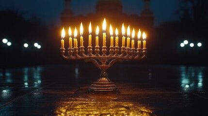 Fototapeta premium Menorah with lit candles glowing warmly against a dark background symbolizing Hanukkah and the Festival of Lights celebration