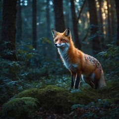 A fairy fox with glowing markings in an enchanted forest.