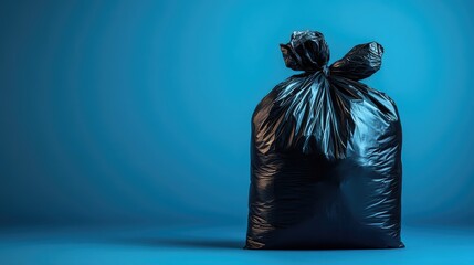 Black garbage bag isolated on blue background showcasing its size and texture for waste management and recycling concepts