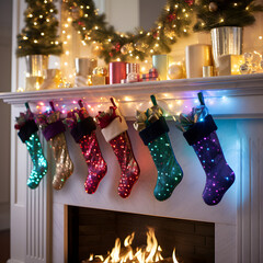 Fully Bright Holiday Stockings Hanging on a Festive Fireplace