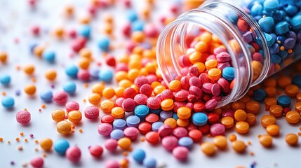 Colorful assortment of medical pills spilling from containers on a white background showcasing vibrant hues and varied shapes for health themes