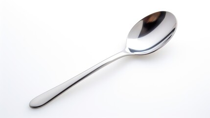 Single stainless steel teaspoon isolated on a clean white background showcasing its shine and sleek design for culinary or product use.