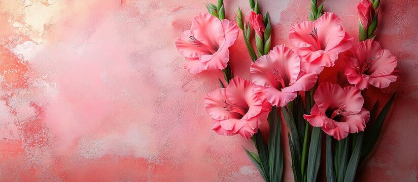 Pink gladioli bouquet postcard mockup with blank space for custom text suitable for greetings invitations or congratulatory messages