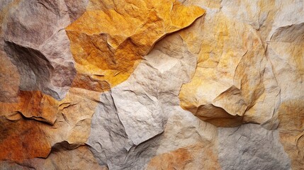 Fototapeta premium Textured natural stone wall featuring a rich blend of earthy tones with rugged edges and a layered appearance, creating a unique and organic background.