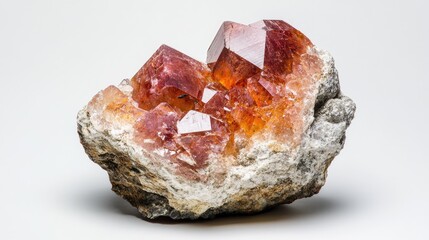 Vivid spessartine crystals showcase striking orange-red colors, elegantly set against a pristine white background, highlighting their natural brilliance and texture.