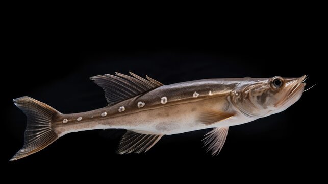 Juvenile Silurus glanis sheatfish swimming gracefully showcasing its unique markings against a dark background.