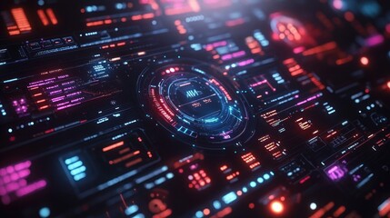 Obraz premium Abstract futuristic digital interface with glowing red and blue elements.