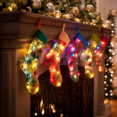 Fully Bright Holiday Stockings Hanging on a Festive Fireplace