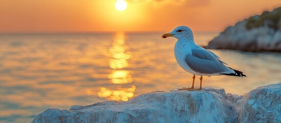 Seagull on Rocky Shoreline at Sunset with Glimmering Water Background in Bay