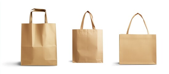 Variety of brown shopping bags in different styles isolated on a white background showcasing eco-friendly retail packaging options