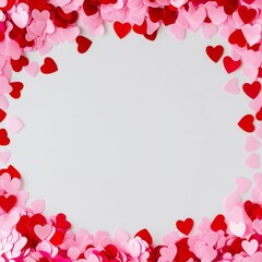 a white background with cute pink and red colored heart confetti on the edges, the center of the image is white and clean --ar 4:3