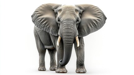 Obraz premium Realistic elephant standing against a plain white background showcasing detailed textures and features of this majestic animal.