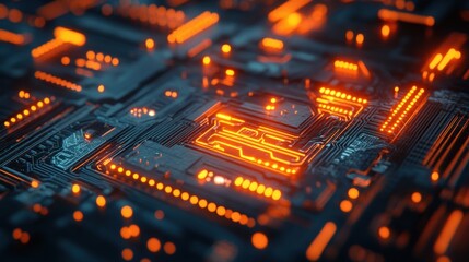 Obraz premium Close-up of a glowing orange circuit board with intricate pathways.