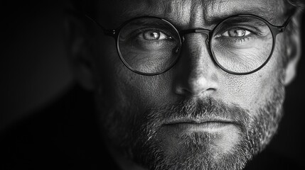 Contemplative businessman with glasses in a grunge black and white portrait reflecting deep thought and introspection.