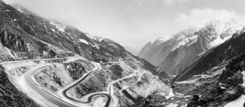 Winding mountain roads through dramatic landscapes in black and white showcasing the beauty and challenge of mountainous terrain
