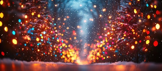 Fototapeta premium Entangled electric lights ready for decorating a festive winter tree in a snowy forest illuminated by colorful bokeh lights at night