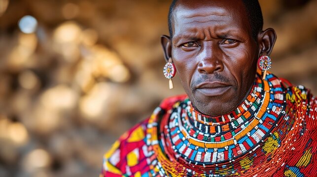 Samburu tribesman portrait highlighting colorful traditional attire, detailed beaded jewelry, and distinctive elongated earlobes reflecting cultural heritage.