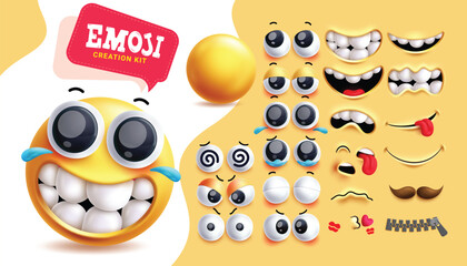 Emoji creation kit clipart 3d character set. Emoji editable face with eyes and mouth in relief, angry and funny expression in abstract background. Vector illustration creation kit emoticon collection.