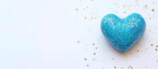 Obraz premium Blue heart decoration on white background sparkling confetti for special occasions overhead view with ample copy space for design purposes