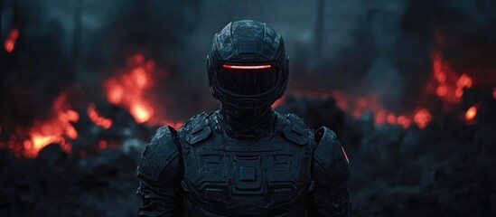 Naklejka premium Futuristic iron armor for construction settings emphasizing safety and protection in hazardous environments with a dramatic backdrop.