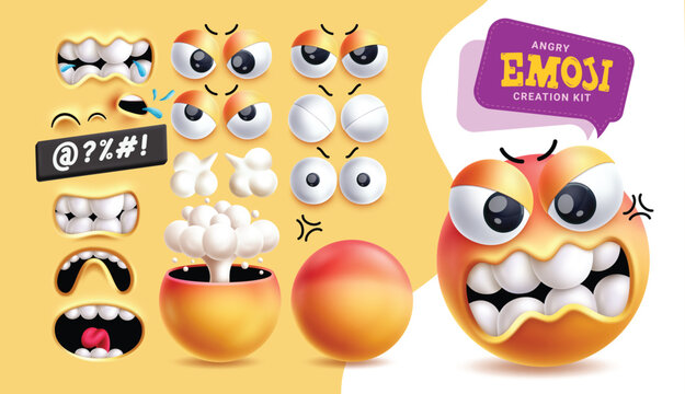 Angry emoji creation kit clipart 3d character set. Emoji editable face with mouth, eyes and head with mind blown, furious, giggle and unhappy expressions graphic elements. Vector illustration angry 