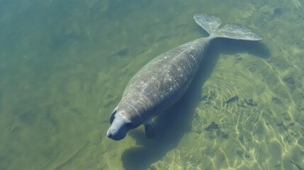 Fototapeta premium Manatee gliding serenely through clear turquoise waters, showcasing its gentle curves and tranquil environment. Sunlight dances on the sandy bottom.