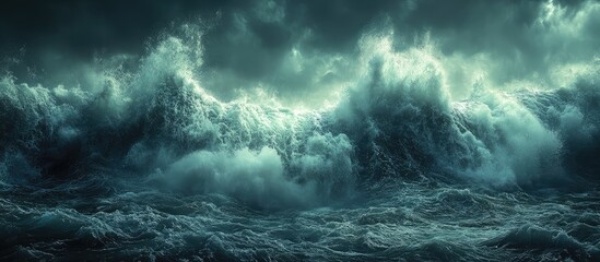 Powerful ocean waves crashing dramatically under a stormy sky capturing nature's raw energy and beauty.