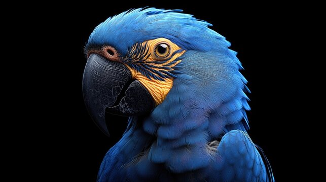 Hyacinth Macaw close-up portrait highlighting vibrant blue feathers and intricate facial details on a sleek black background.