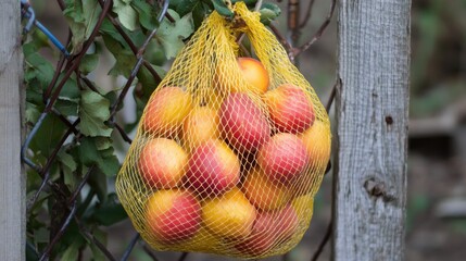 Fresh nectarines in a vibrant yellow mesh bag hanging from a rustic wooden fence, showcasing their bright colors against a natural backdrop.