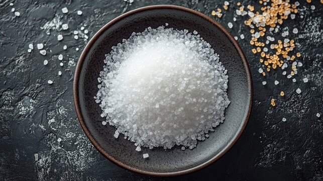White citric acid crystals in a dark bowl viewed from above with scattered salt grains on a textured black background