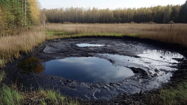 Natural tar pit surrounded by tall grasses and trees, reflecting the sky in water-filled puddles within a wetland landscape.