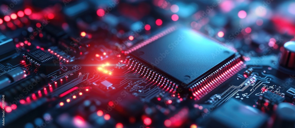 Poster Digital circuit board close-up showcasing advanced data processing and global connectivity in a technology-driven environment