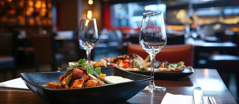 Elegant Indian cuisine served at a fine dining restaurant with glasses and a warm atmosphere inviting a culinary experience.