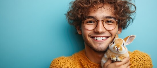 Cheerful young man with curly hair holding a small rabbit on a colorful background showcasing joy and a positive lifestyle