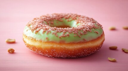Delicious green sugar donut with nuts showcased on a vibrant pink background perfect for dessert and snack themed promotions