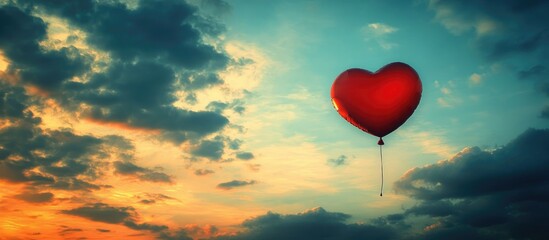 Fototapeta premium Heart-shaped balloon floating in the sky during sunset with vibrant clouds reflecting warm colors and a romantic ambiance.