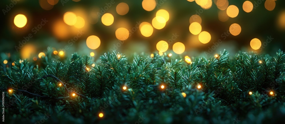 Wall mural close up of green christmas lights illuminating foliage with a blurred bokeh background creating a f