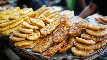 Dried ripe banana snacks Selai pisang with sweet flavor displayed on a woven tray in a vibrant market setting