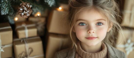 Little girl in festive sweater joyfully preparing to unwrap gifts under the Christmas tree with beautifully wrapped presents in background