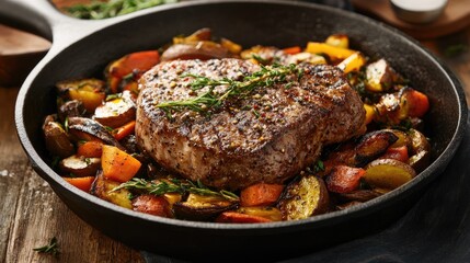 Juicy meat steak perfectly seared, resting on a bed of roasted vegetables including carrots, potatoes, and seasonal herbs in a rustic skillet.