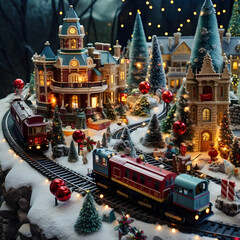 Fully bright holiday train set winding through