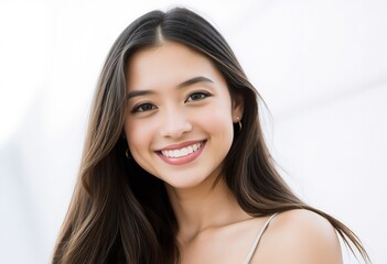 Happy Young Woman with Long Brown Hair and Bright Smile Portrait