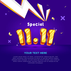 3D text effect 11.11 design with special promotion sale concept in November. 3D text effect. November special sale promotion banner