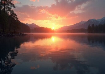 Fototapeta premium Sunset over serene lake surrounded by mountains and trees in peaceful nature setting