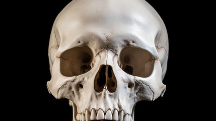 Obraz premium Detailed human skull isolated on a black background showcasing realistic anatomical features and perspective view for educational purposes.