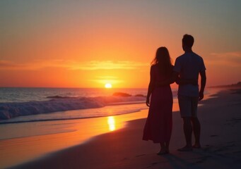 Couple enjoying a sunset walk along the serene beach at twilight